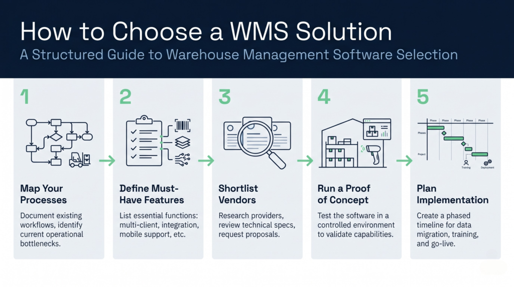 Five-step decision framework for selecting a warehouse management system solution | clarus wms Five-step decision framework for selecting a warehouse management system solution